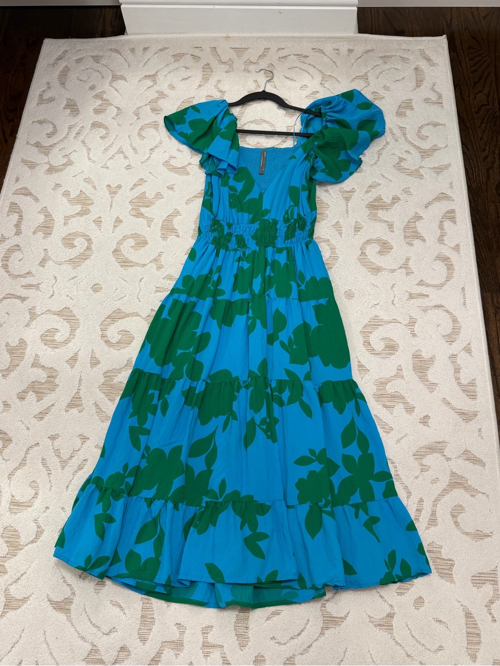 Anthropologie by Free People Blue & Green Floral Puff-Sleeve Maxi Dress